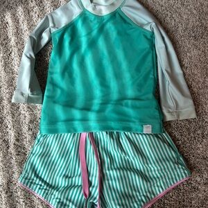 SweetHoney Mint Green Raglan Rash Guard with Striped Shorts